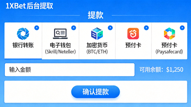 1xbet 後台提款頁面截圖，顯示各種可用的出金方式選單